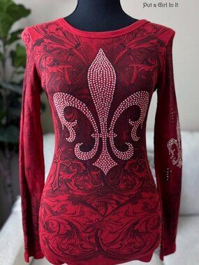Vocal Apparel Women's Crystal Cherry Red Fleur De Lis Shirt Y2K Biker S Small